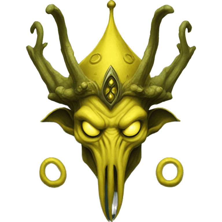 Hastur, King in Yellow of the Cthulhu Mythos, wearing a crown with antlers and a pallid mask emoji