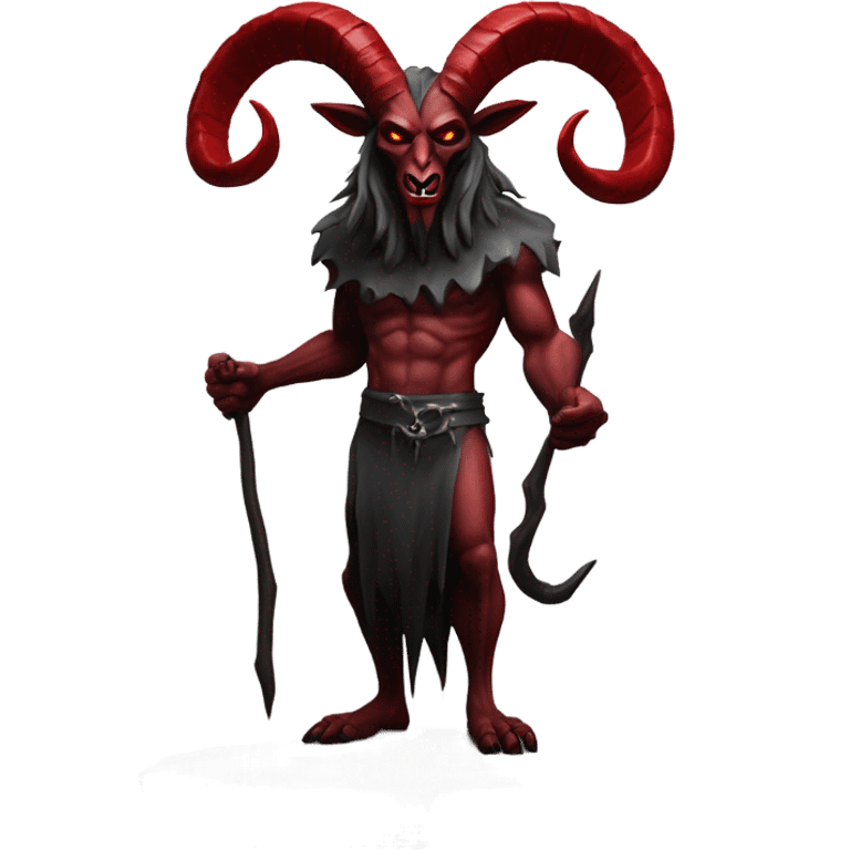 Evil Goatman male Devil sinister with red tipped horns standing with goat hind legs on pyramidal pillar  aura of darkness he is commanding sinister evil power emoji