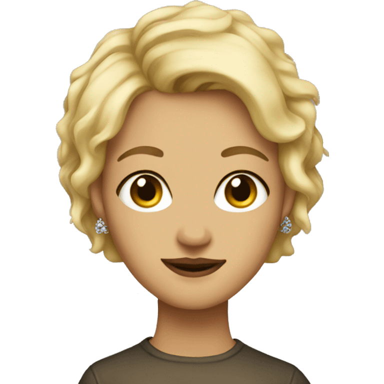 Blonde, short hair, brown eyes, wearing earrings in the form of paint emoji