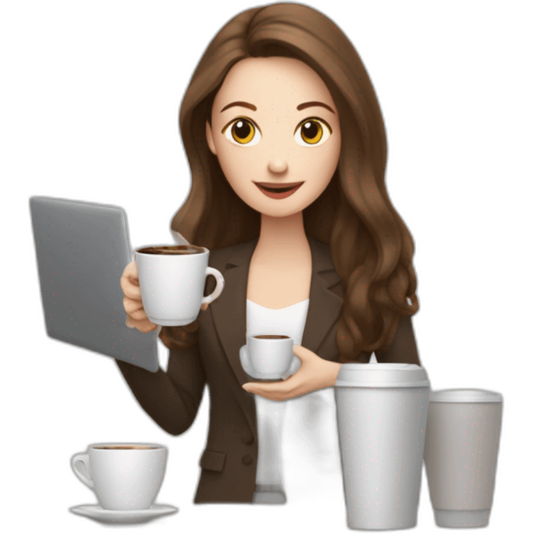 woman with pale skin and long brown hair behind a computer juggling with coffee cups emoji