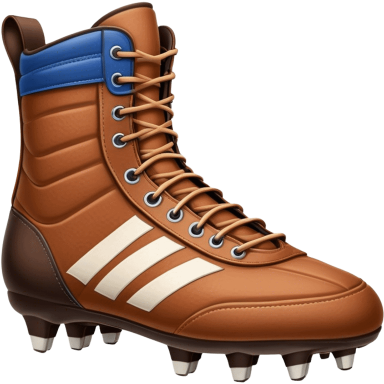 Cinematic Realistic image of a pair of rugby boots, showcasing sturdy leather construction, detailed cleat patterns and textured surfaces, illuminated by vibrant outdoor lighting that captures their athletic purpose emoji