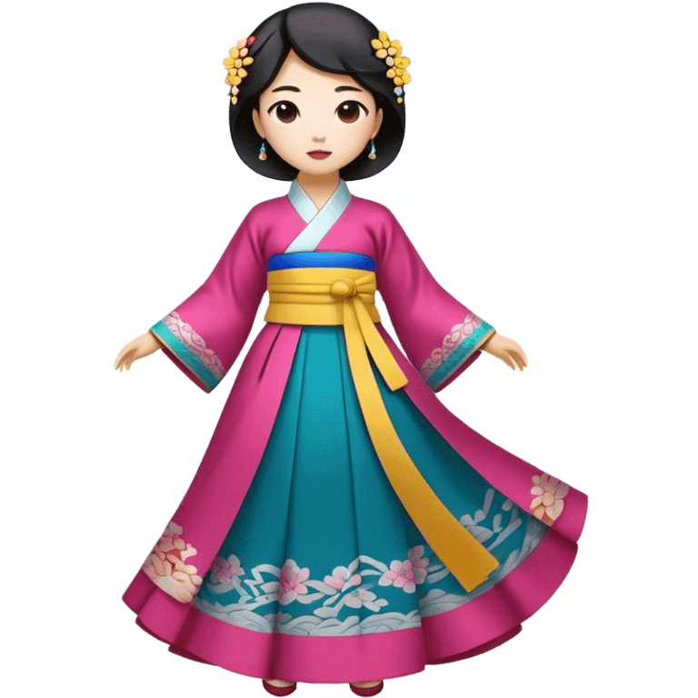 Cinematic Realistic Hanbok Emoji, depicted as a graceful intricately designed traditional Korean dress with vibrant colors and flowing lines, rendered with delicate textures and soft cultural lighting that captures its timeless elegance. emoji