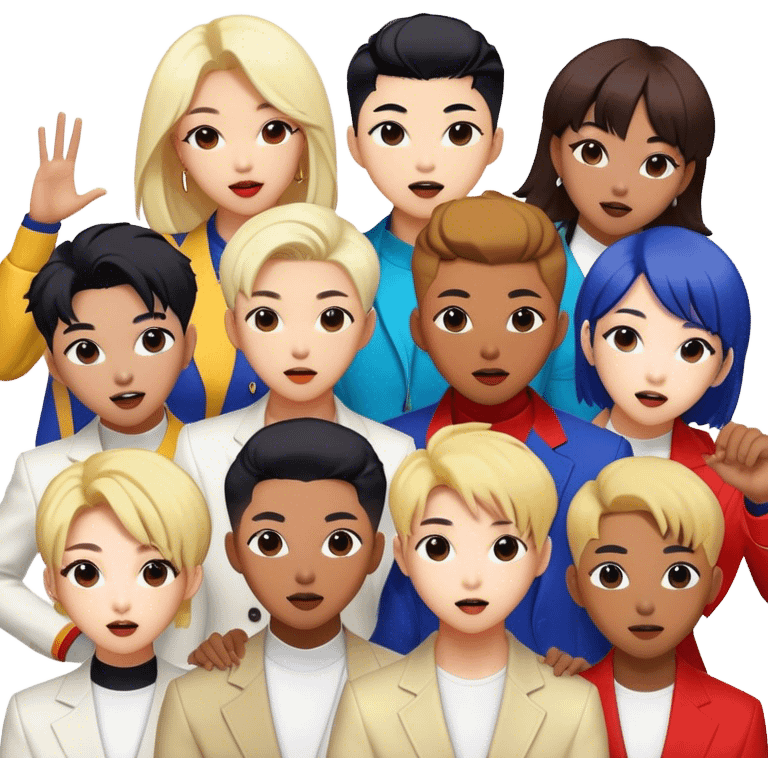 Cinematic Realistic BTS Portrait Emoji, depicted as a dynamic energetic portrayal of the global K-pop group with stylish modern attire and vibrant expressions, rendered with rich textures and bold contemporary lighting that captures their youthful charisma. emoji