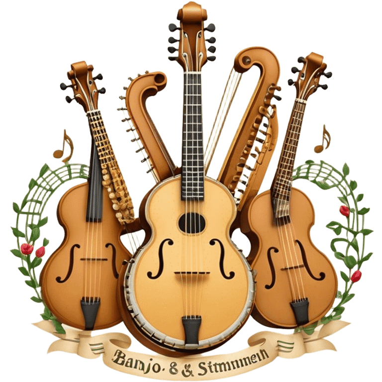 Design a complex and festive emblem-like emoji representing plucked string instruments, such as a banjo, mandolin, domra, sitar, and similar instruments. The composition should resemble a heraldic crest, with the instruments arranged symmetrically and gracefully, their necks intertwining with a flowing ribbon of musical notes. The ribbon should weave through the strings and headstocks, symbolizing the harmonious connection between the instruments. Use detailed engraving on the instrument bodies and fretboards to emphasize their craftsmanship. Incorporate rich, celebratory colors like gold, mahogany brown, deep green, and vibrant accents. Add subtle shading and light reflections to create a three-dimensional, polished look. Include ornate elements like swirls, laurel leaves, and decorative flourishes to enhance the festive and professional appearance. The background should be transparent to highlight the emblem as a standalone piece. emoji