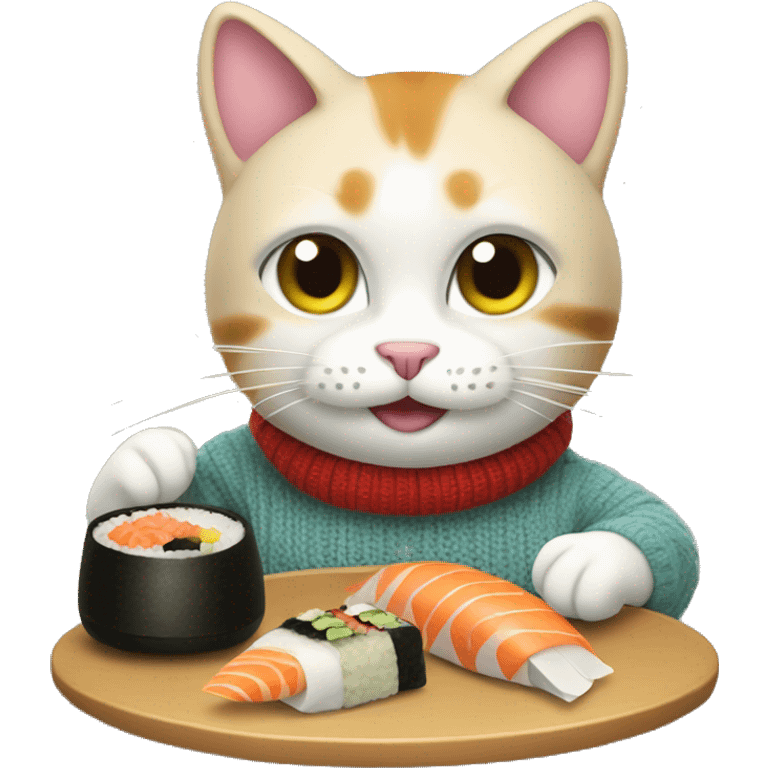 A cat wearing a sweater eating sushi  emoji