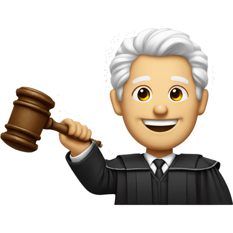 Courtroom judge wearing judge clothing and a gavel in hand, laughing face emoji