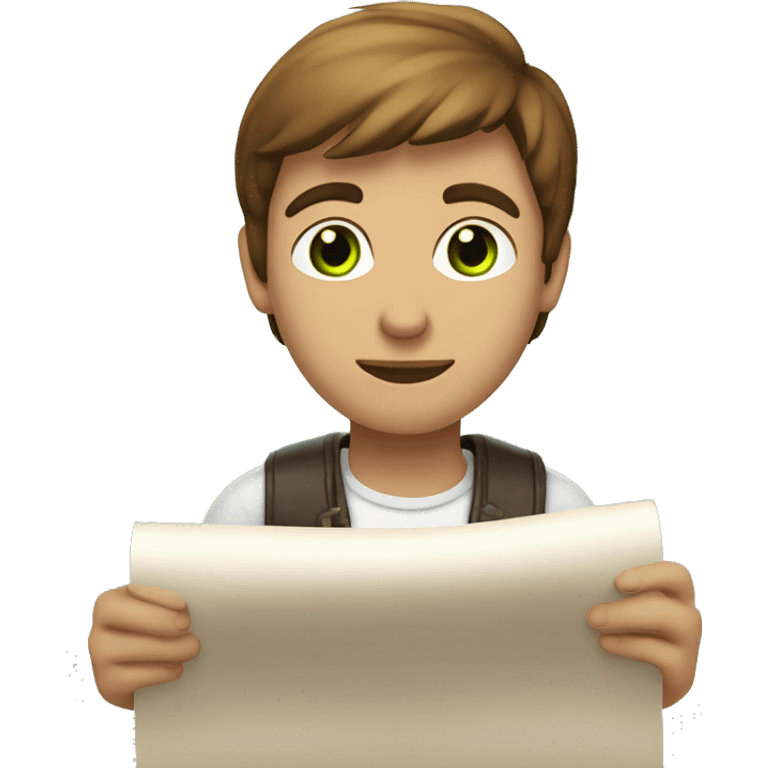 a light-skinned green-eyed man with brown hair sitting in front of the long white paper scroll emoji