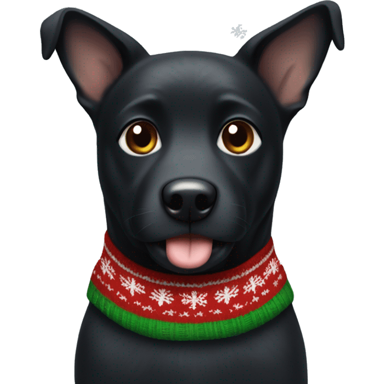 Black dog with white spot on the breast wearing a christmas sweater emoji