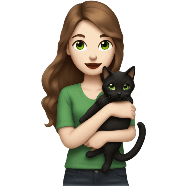 A girl with white skin, green eyes, red lipstick, mid long brown hair, holding a black cat in her arms  emoji