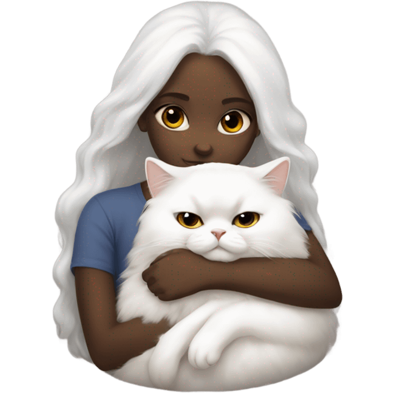 Black girl snuggling white Persian cat emoji