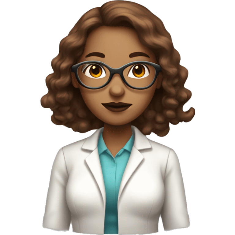 White scientist girl with brown/ reddish chocolate long hair in butterfly cut, using glasses, with brown/red lipstick  emoji