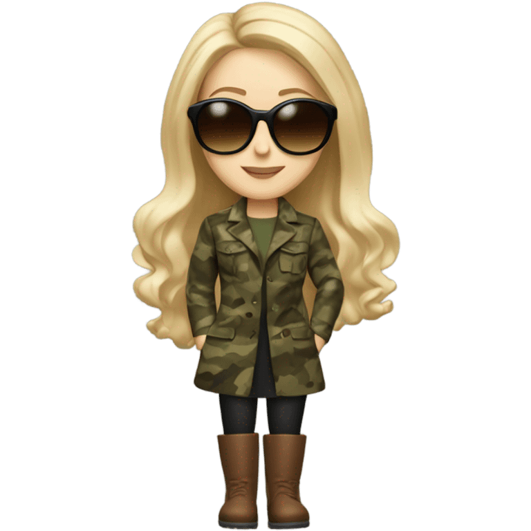 Realistic White girl with Long blonde hair and round sunglasses, camouflage Wool oversize blazer, mini dress and Brown leather boots  emoji