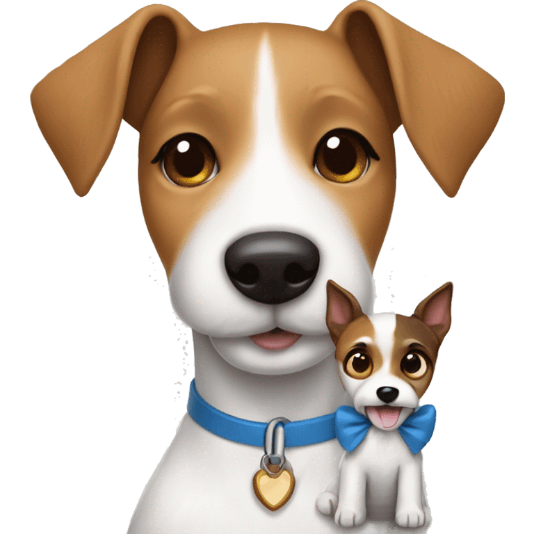 Fox Terrier smooth-haired dog with a toy in the arms of a girl with brown hair and blue eyes emoji