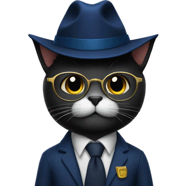 The student is a black wool cat in a dark blue suit, a square academic dark blue cap and golden glasses emoji