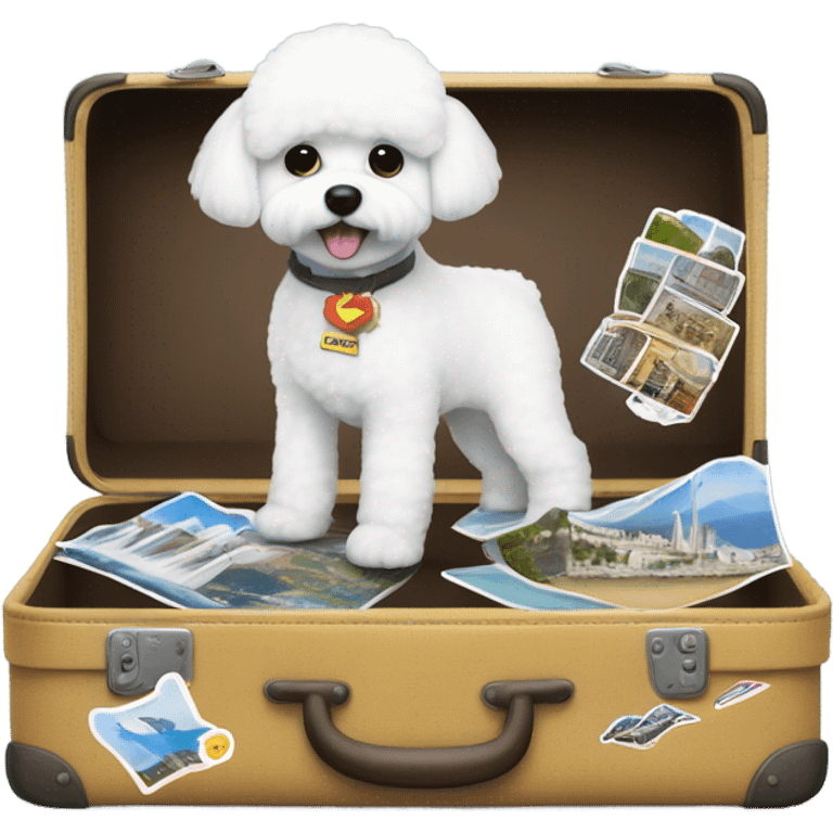 ABichon Frise standing next to a suitcase filled with iconic places stickers on the suitcase  emoji