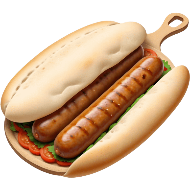 Cevapi Cinematic Realistic Cevapi Dish Emoji, depicted as modest, short, skinless sausages served with traditional flat bread, rendered with realistic textures and rustic, inviting lighting. emoji