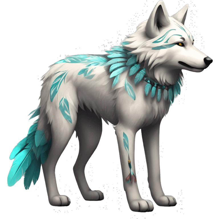 Fluffy Shy Spiritual Shamanic Wolf With Shiny Tribal Markings wearing feathers Full Body emoji