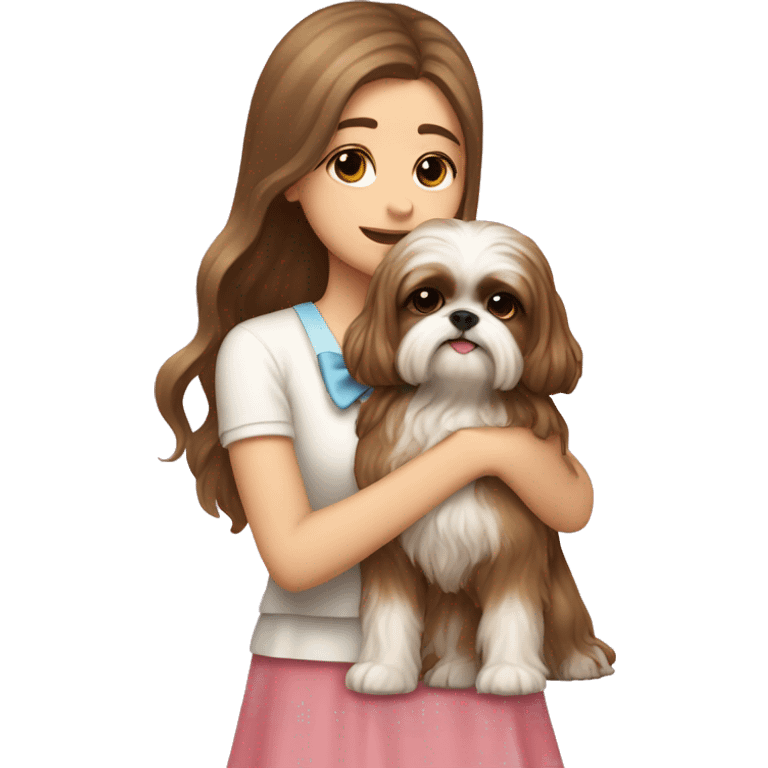 human girl with long wavy brown hair hugging a cream colored shih tzu girl with bow emoji