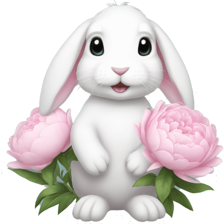 cute white bunny holding light pink peonies emoji