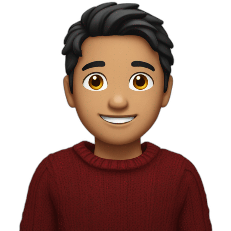 light skin smiling indian kid with black hair wearing a dark red sweater pointing emoji