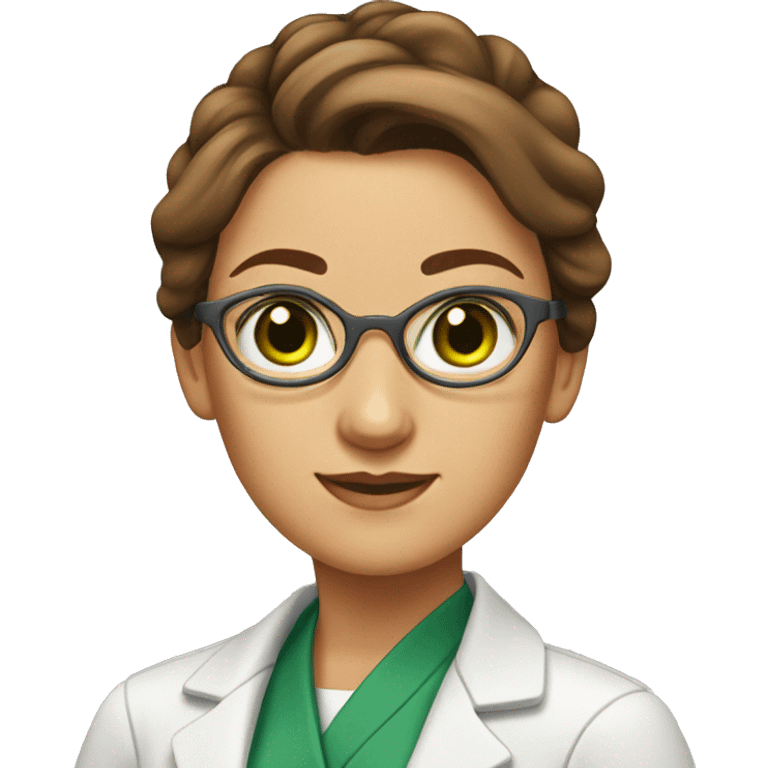 Female scientist with brown hair in a bun and green eyes emoji