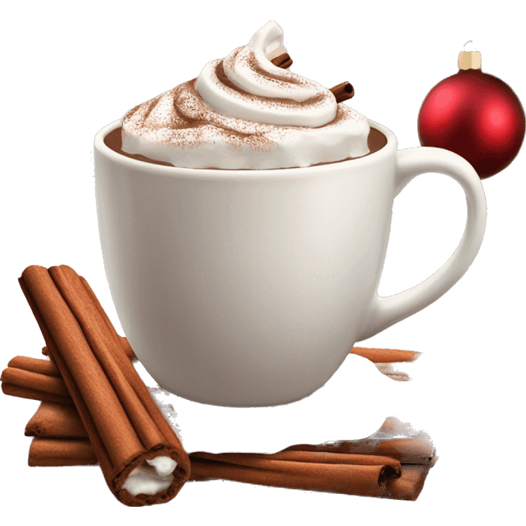 Christmas mug of hot chocolate with whipped cream and cinnamon emoji