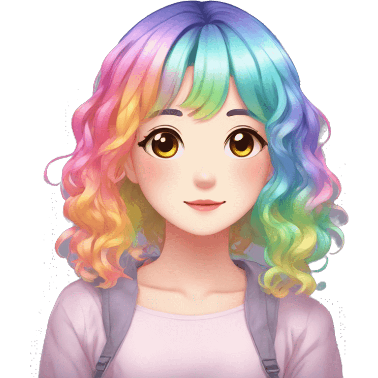 Gorgeous anime style shojo character with blushing face aesthetic and pretty colorful shiny gradient neon rainbow hair with hair garment trending style emoji