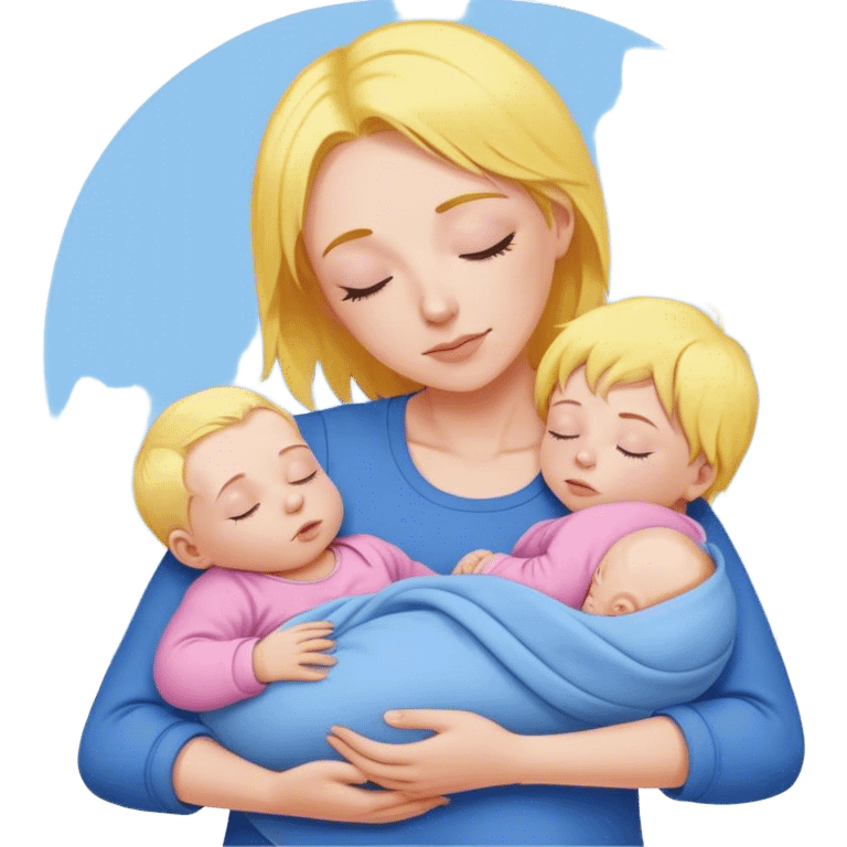 Mother is holding a baby, the mother has yellow hair and pink clothes, the baby is sleeping in blue clothes emoji