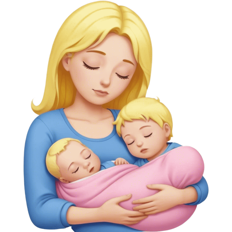 Mother is holding a baby, the mother has yellow hair and pink clothes, the baby is sleeping in blue clothes emoji