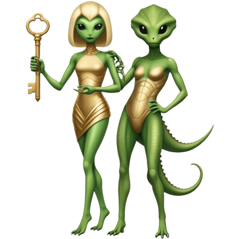 a reptilian alien woman full body, in gold dress, hold big key emoji