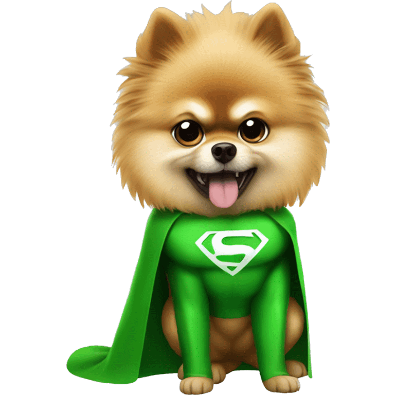 angry pomeranian in green superhero suit emoji