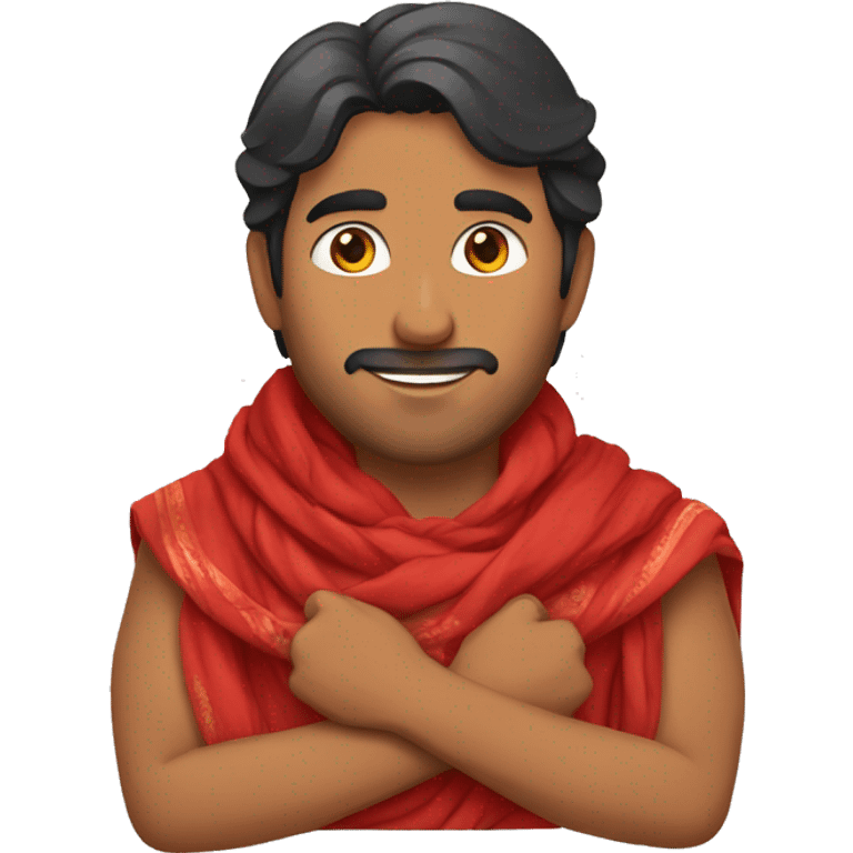 brown man wearing red chunni (indian scarf) and also holding it with his hands emoji