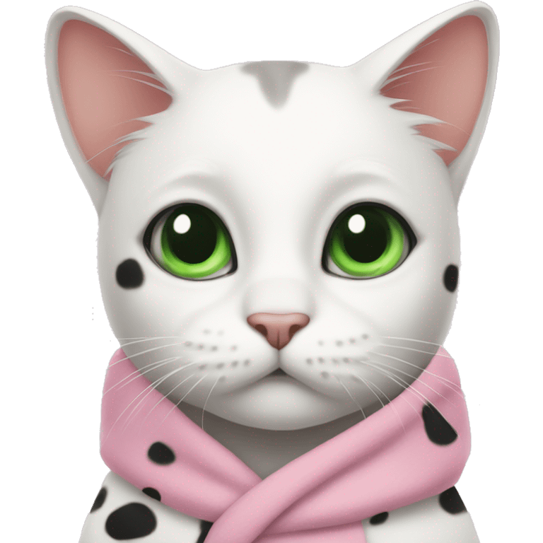 A white cat with big black spots and green eyes in a pink robe emoji