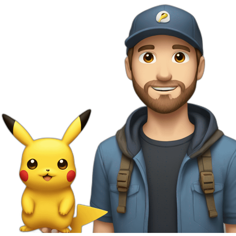 white man with brown hair and beard and a cap, holding and a pikachu pokemon emoji