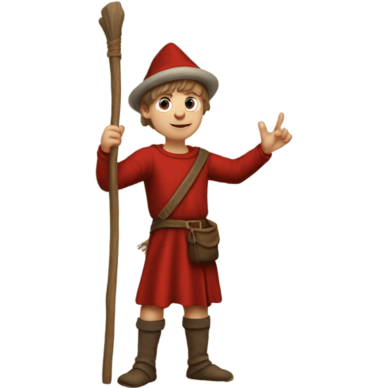 13th century European pilgrim boy with staff, red stockings, short tunic and hat raising his hand in victory emoji