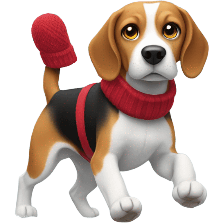 Beagle with red winter clothes and snowball fight emoji