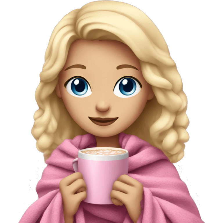 A blonde girl with blue eyes with a pink blanket around her with hot chocolate in her hand emoji