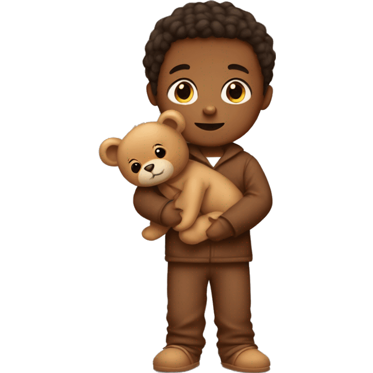 A little boy in brown pajamas with a teddy bear in his hands emoji