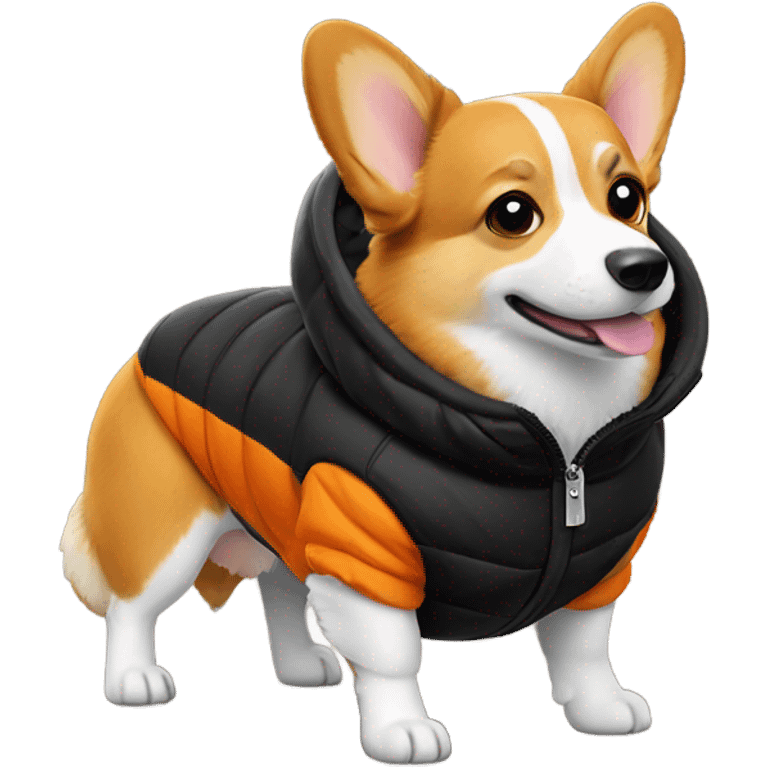 corgi wearing a black puffer jacket with a small orange square with white letters "YC" logo on the left chest emoji