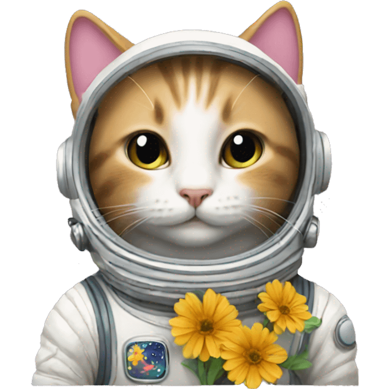 A cat wearing a spacesuit with flowers emoji