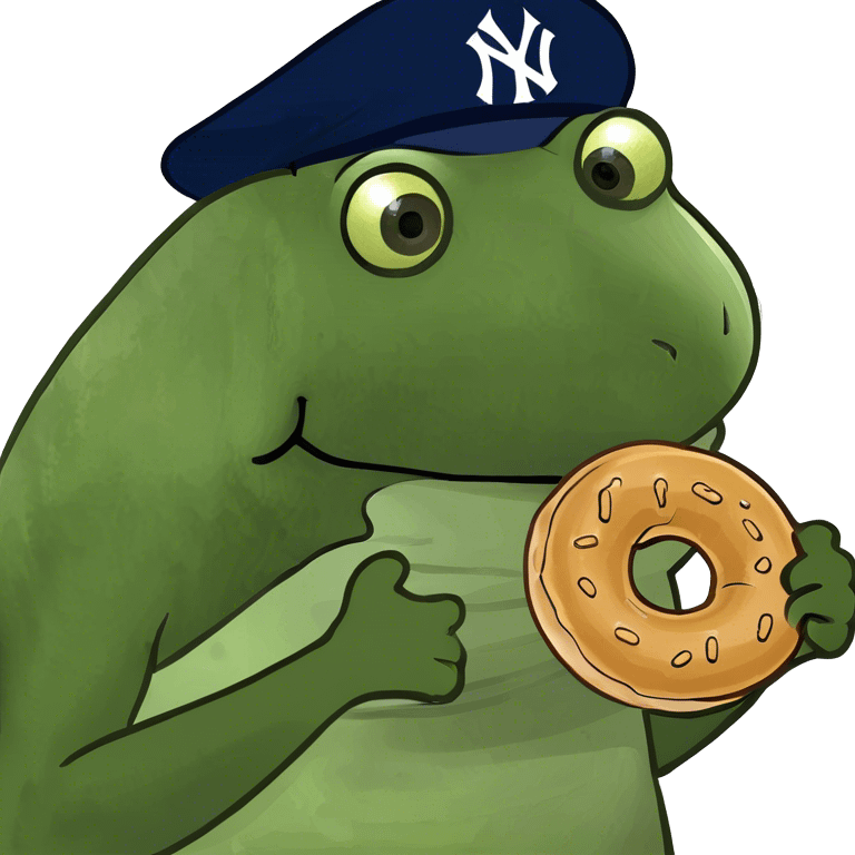 wearing a yankees hat, holding a bagel emoji