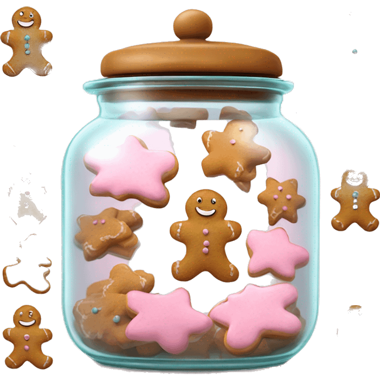 Realistic glass cookie jar with light pink lid full of gingerbread cookies isolated.  emoji