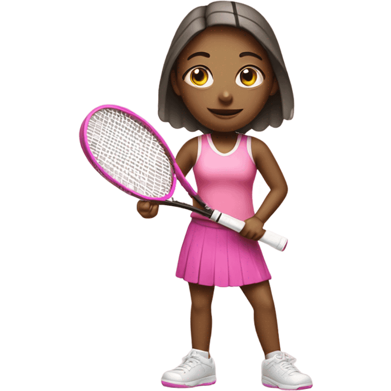 Girl with tennis racket wearing pink emoji