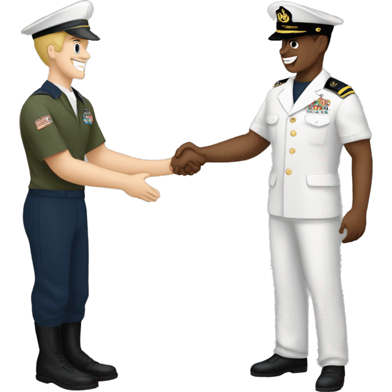 Army man and navy sailor shaking hands. They do not have shoes on. emoji