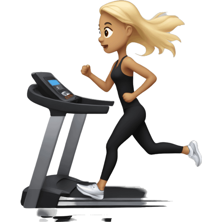 Girl with blonde hair running on a treadmill, she is wearing all black emoji