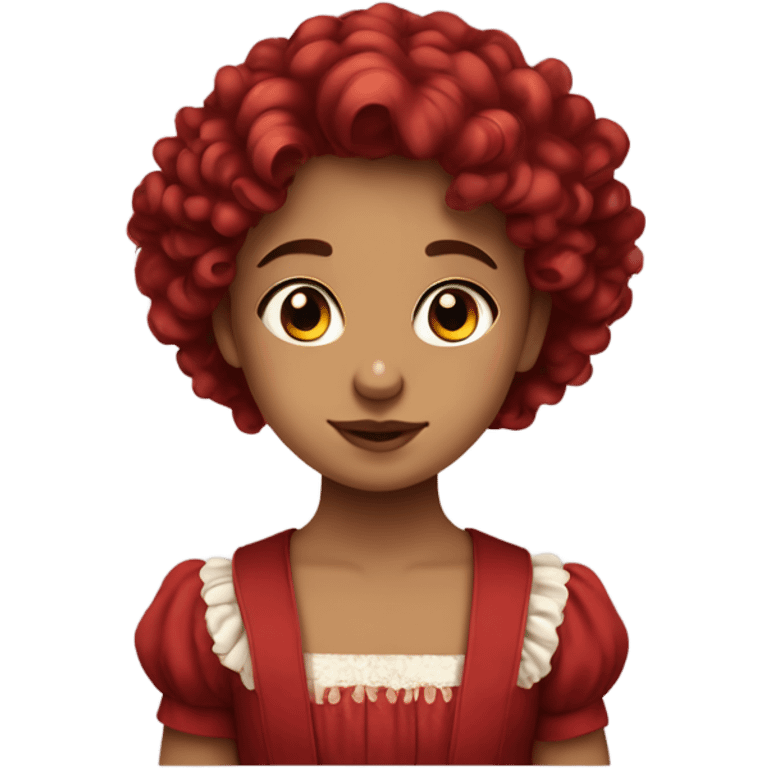 girl hair curly and red , have red wings ,Wearing an old-era dress dark red emoji