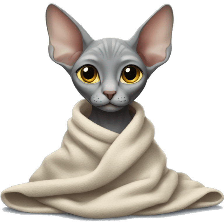 The grey sphinx cat sits wrapped in a blanket emoji