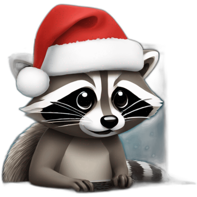 raccoon with a christmas hat behind a laptop emoji