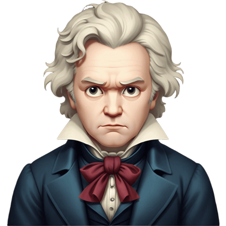 Cinematic Realistic Beethoven Portrait Emoji, depicted as a passionate composer with intense expressive features in period attire, rendered with rich textures and dramatic moody lighting that captures the turbulent genius of his music. emoji