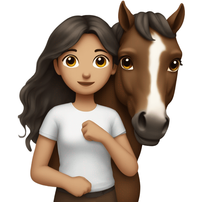 Girl with dark brown hair hugging brown horse with white spots  emoji